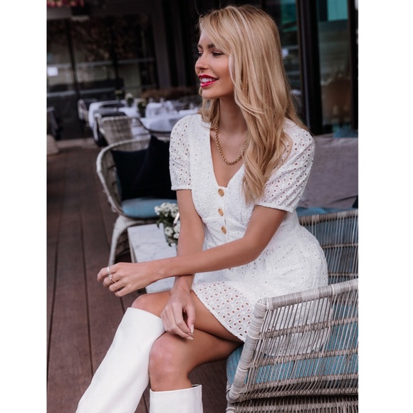 White Eyelet Mini Dress Button Front V-Neck - Picture 3 of 7